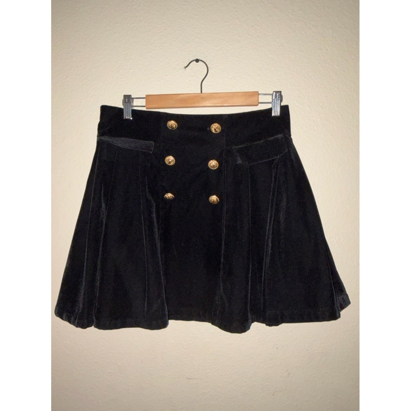 Black Velvet Circle Skirt w/ Gold Button Size L Millitary Steampunk Goth Pleated