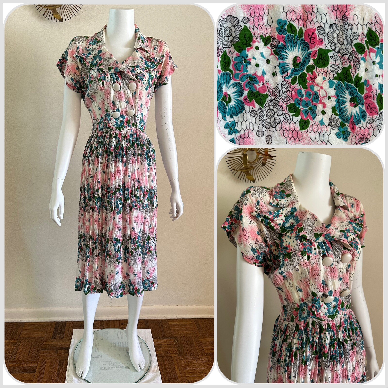 Vintage 1940s Floral Crepe Day Dress Big Collar Novelty Print Pink Blue Small