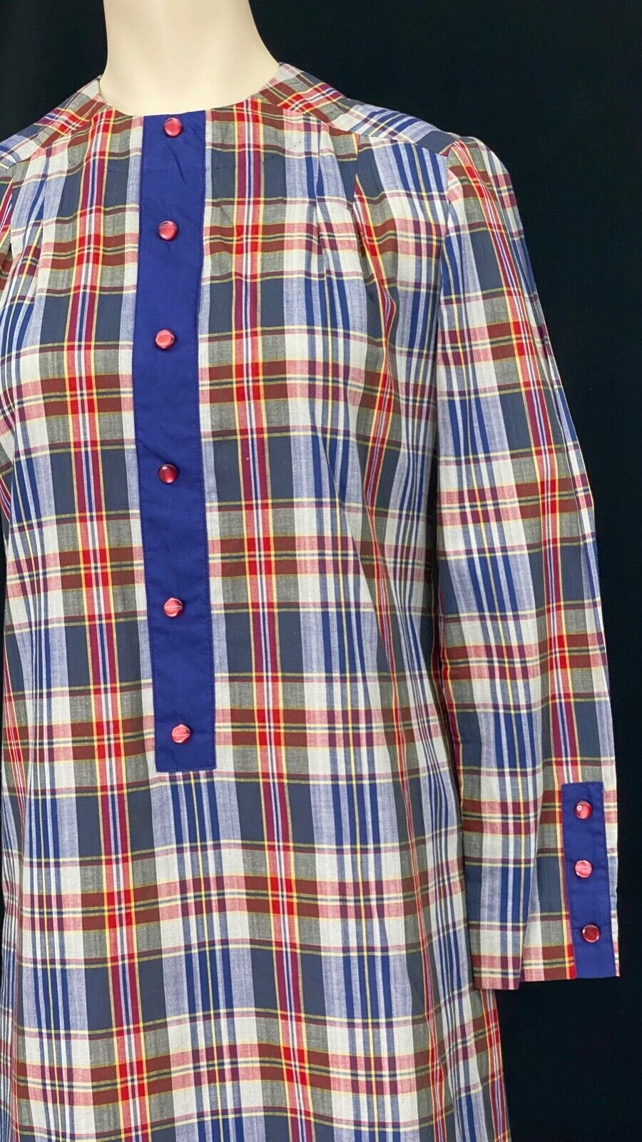 Vintage 1960s plaid mini dress, red white blue long sleeve 1970s cotton XS