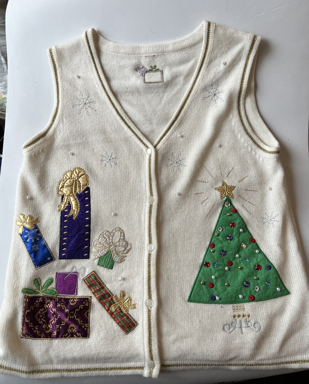 VTG Ugly Christmas Sweater Vest S Cream Metallic Gold Jeweled Tree Teacher Knit