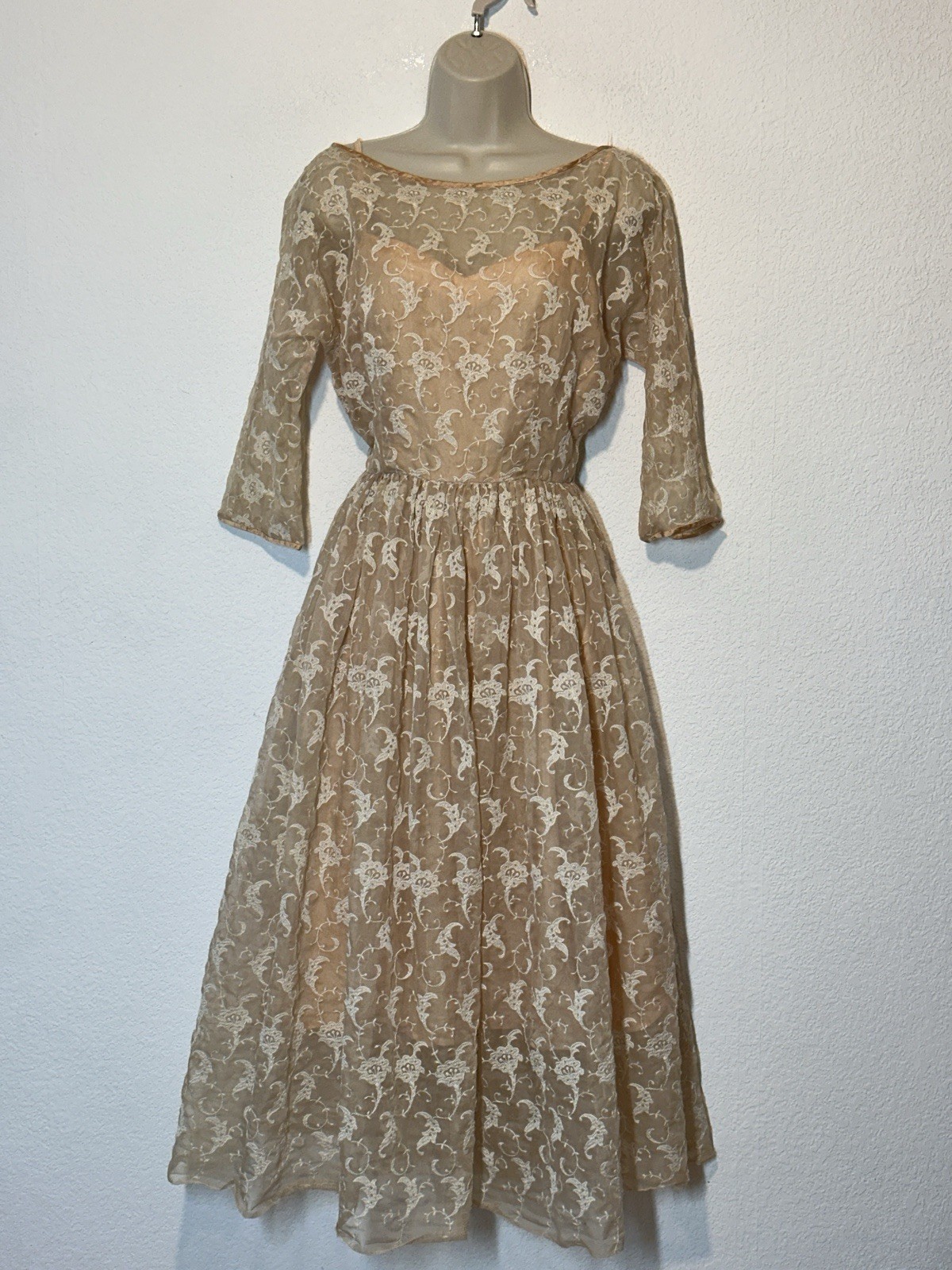 Vintage 1960s Jerry Gilden Fit & Flare Sheer Overlay Peach Slip Dress Old Money