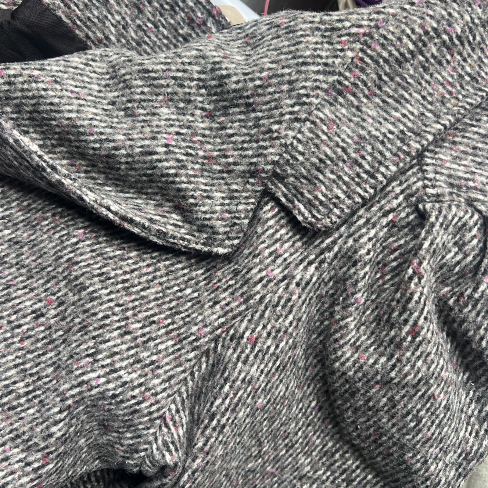 Vintage Herringbone Tweed Wool Blend Coat NY girl Gray White Union Made USA