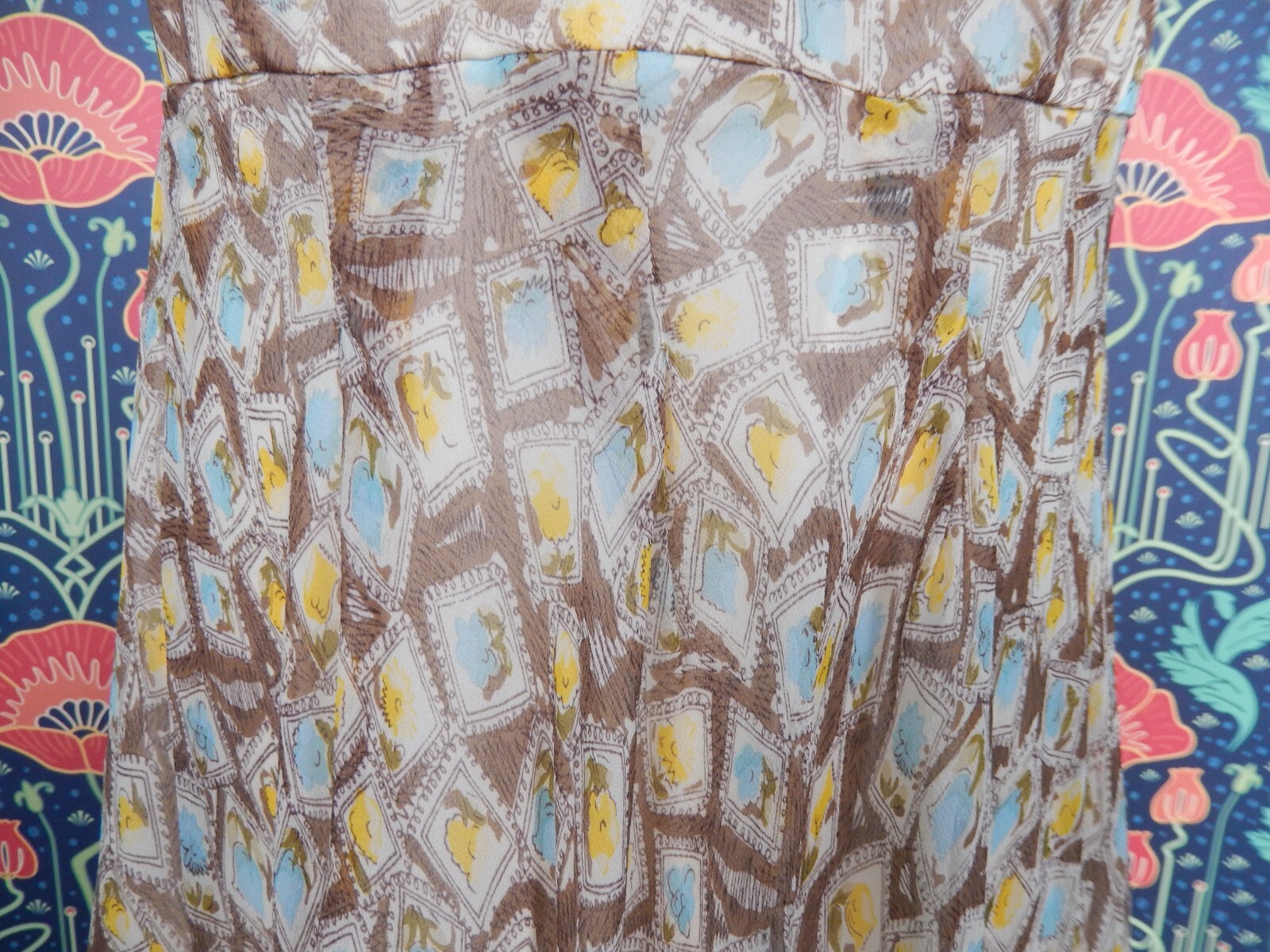 Vintage 90’s Y2K Brown Yellow Blue Romantic Silk Chiffon Femme High Neck Dress