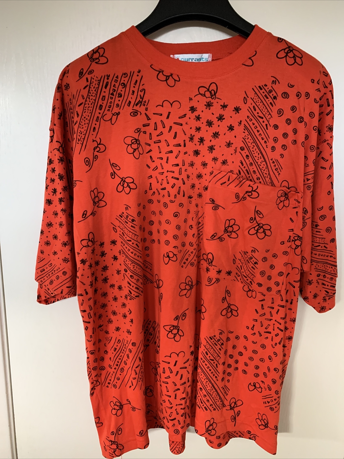 Currants By Jeri-Jo Vintage 1970’s Orange Black Flower Pocket Shirt Women’s Sz L