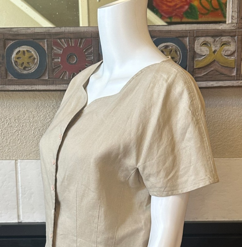 Claude Bennett Short Sleeve 100% Linen Size 12 tan button up blouse vtg