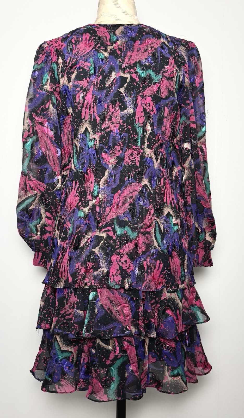 Vtg 80s Jewel Tone Plisse Mini Dress S Sheer Sleeve Tiered Abstract Ruffle Party