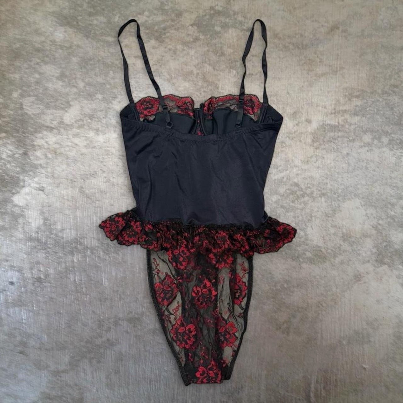 70s/80s Vintage Shirley’s Black and Red Satin and Lace Paneled Teddy Size M