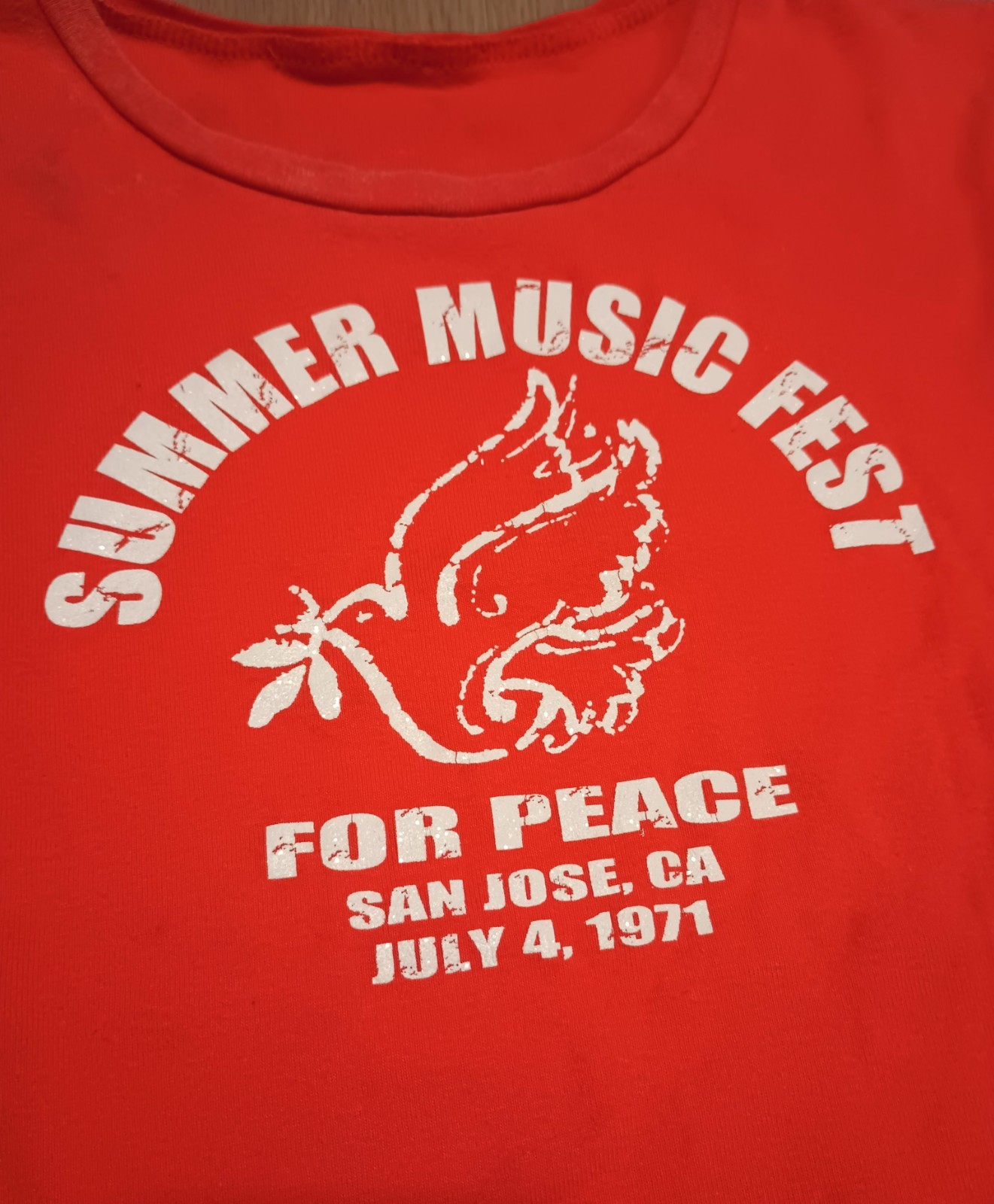 Vtg 70s SUMMER MUSIC FESTIVAL 1971 San Jose 4 Peace Glitter Orange T Shirt Top M
