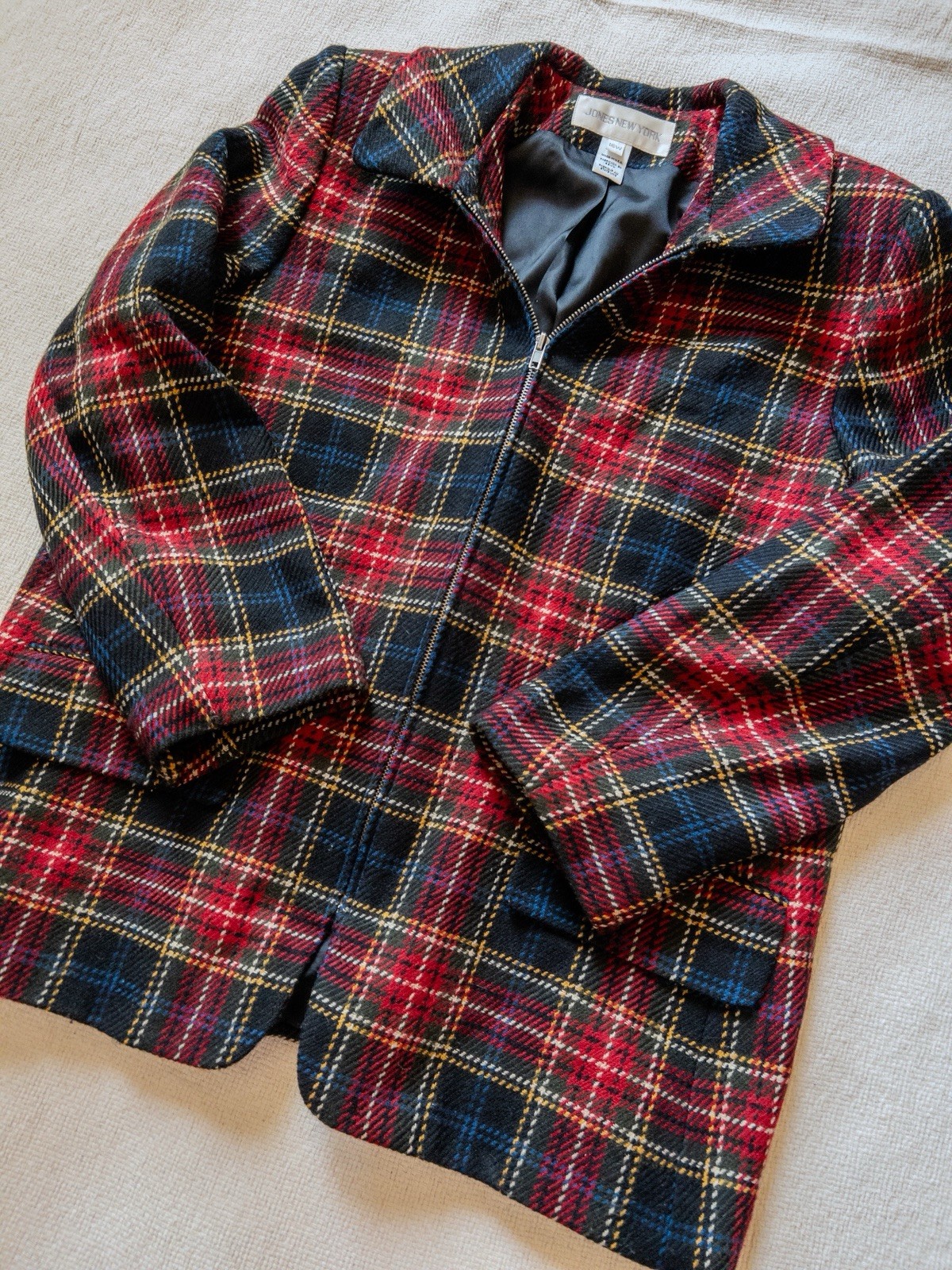 VTG Jones New York Wool Tartan Plaid Zip Blazer Jacket Red Plus Size 16W USA