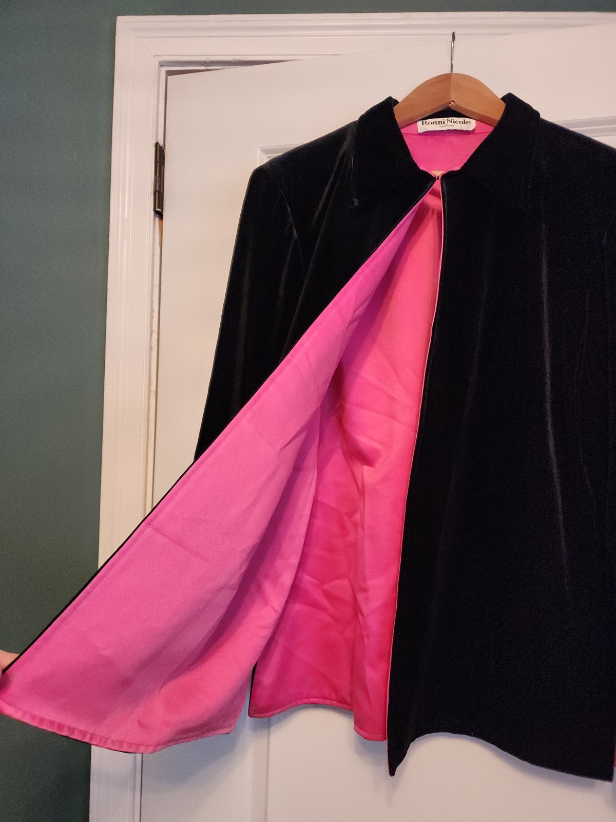 VINTAGE Ronnie Nicole Black VELVET Hot Pink Lining Blazer XL Bold Luxury Chic