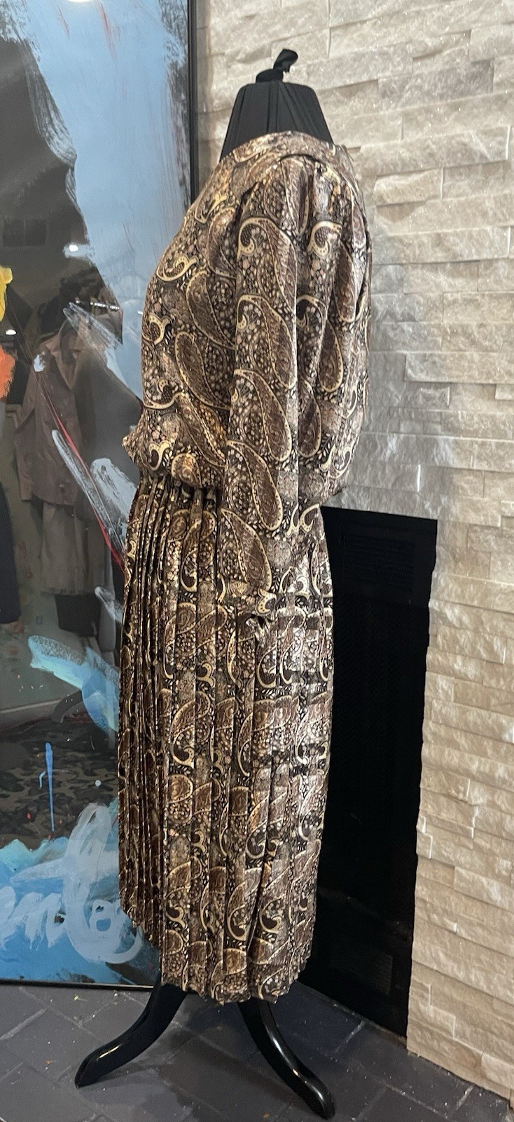 VTG Damon Brown Paisley Pleated Dress Preppy Satin Size 10 Midi 1980s Career