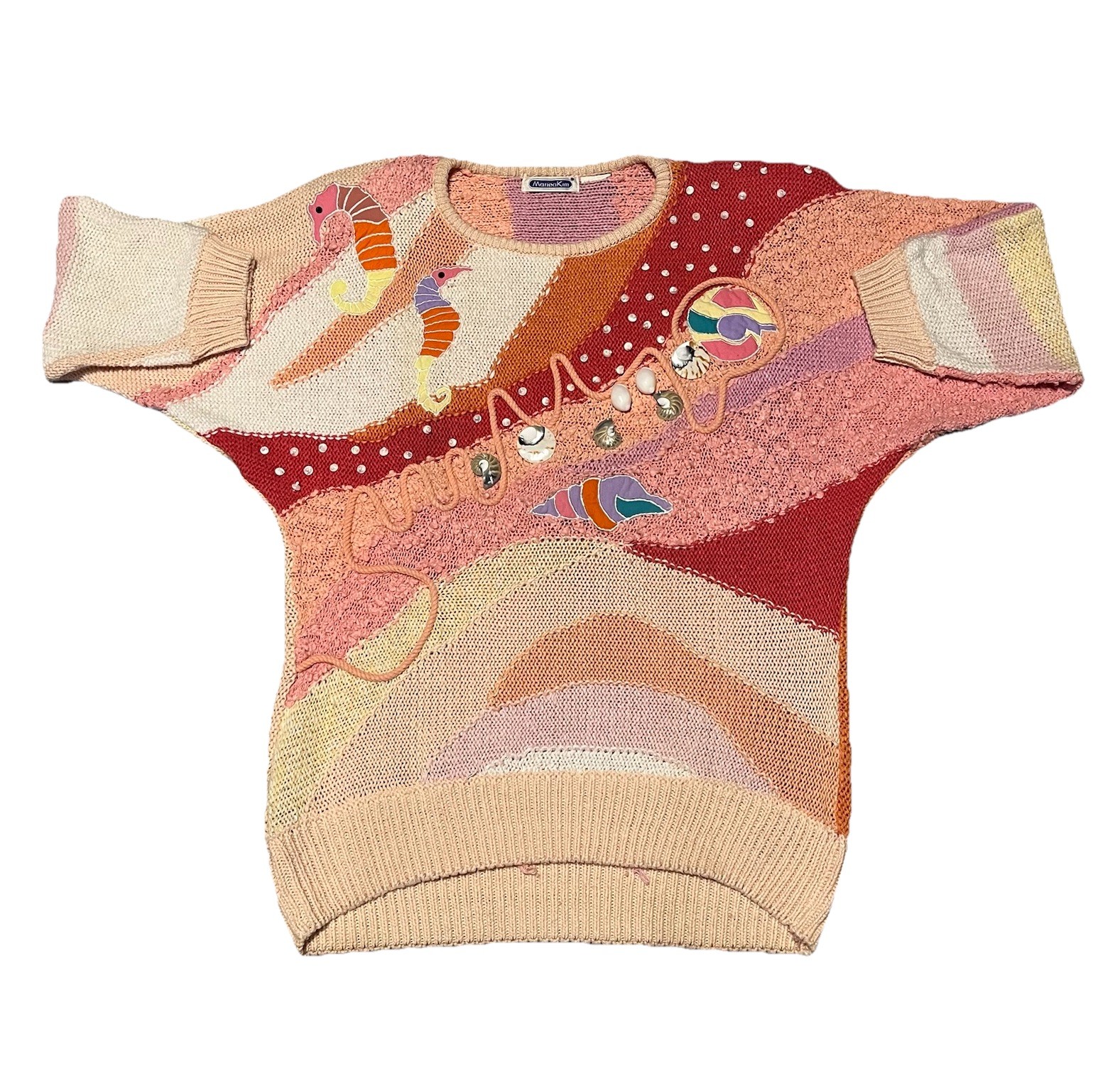 VTG Women’s Mariea Kim Sweater Seashells Seahorse Beach Summer Embroidered READ
