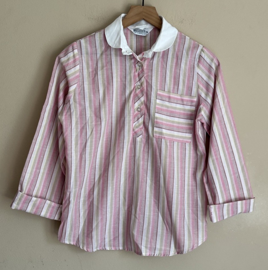 Vintage Blouse Top 70s 80s Striped Popover Cotton Blend Womens Size 10