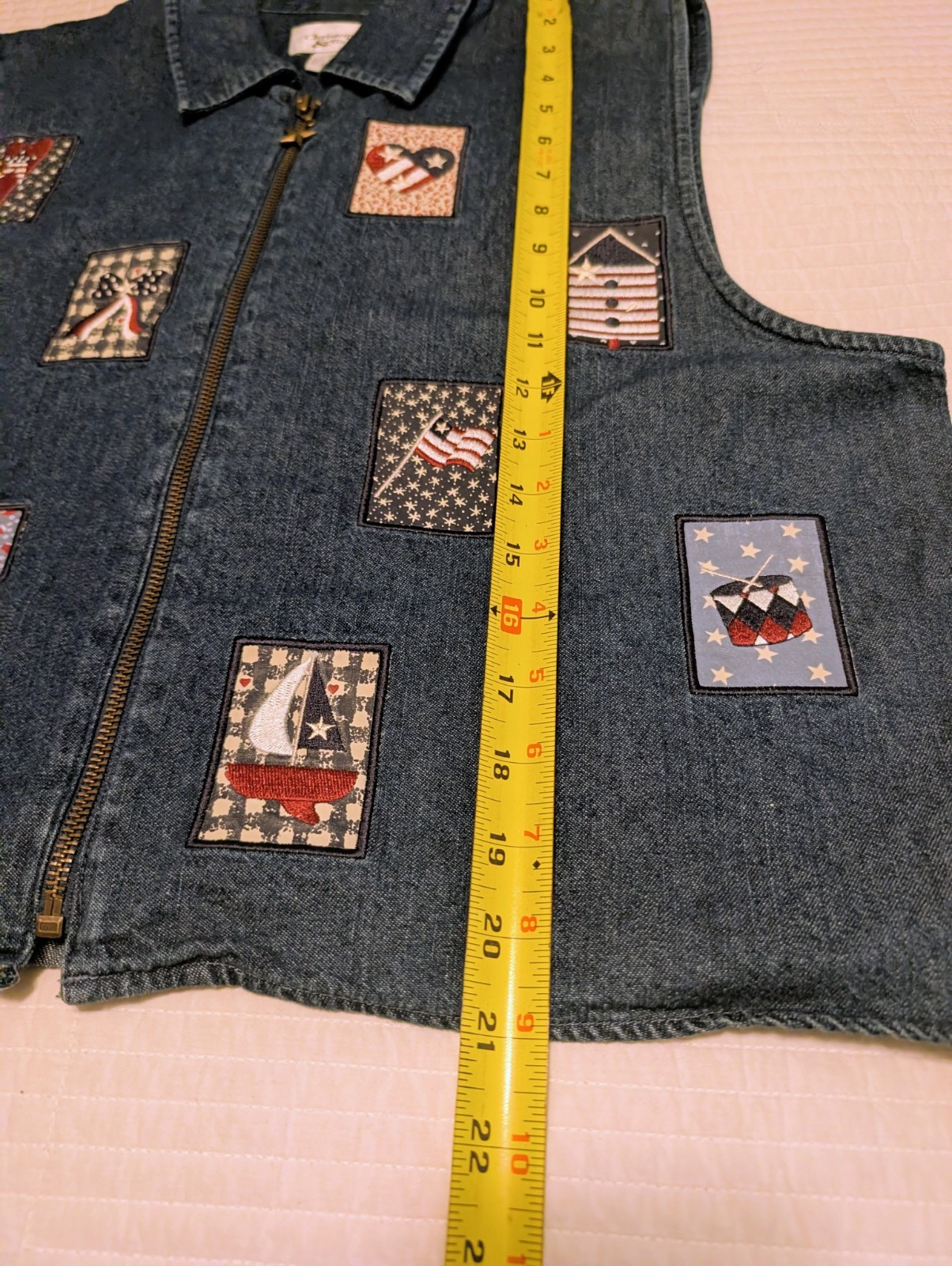 VTG 90s Christopher & Banks Denim Vest Sz XL Patriotic USA Flag Patch Cottage