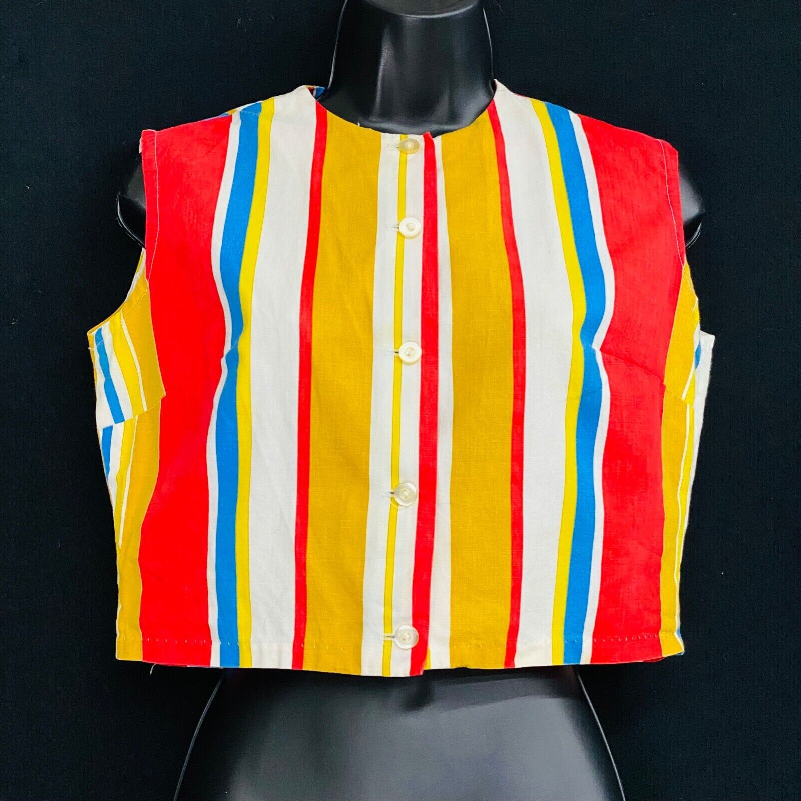 Vintage 1960s colorful striped crop top, sleeveless cotton red yellow shirt tank