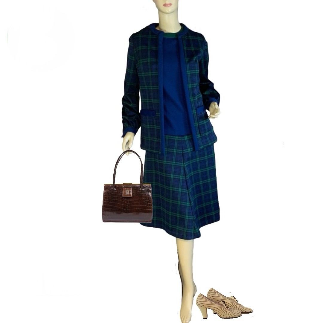 VINTAGE CIRCA 1960’S VOGUE COUTURIER BLUE PLAID DRESS & JACKET SET APPX MED