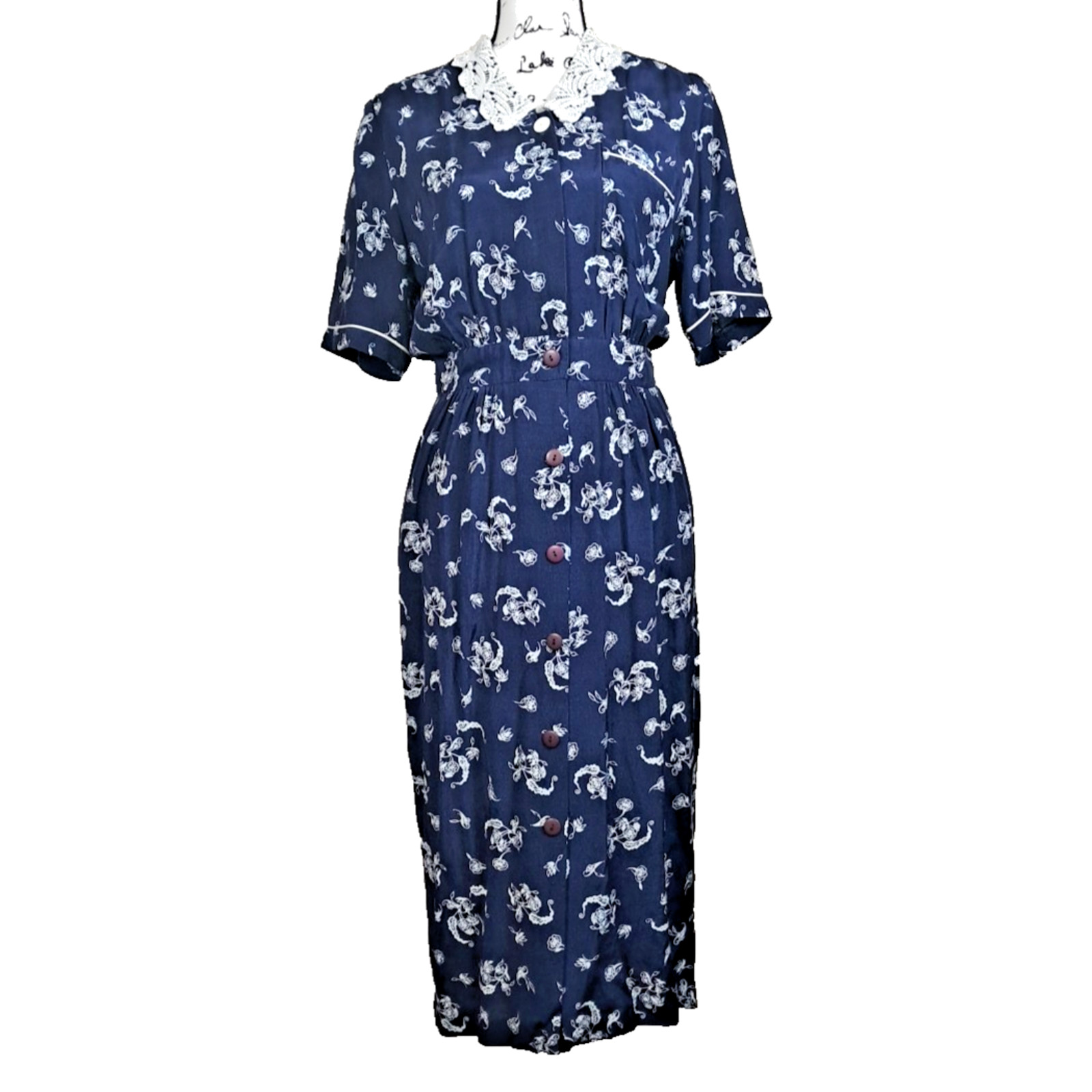 90’s Karen Stevens Floral Lace Collar Pencil Midi Dress Size 6 Blue Cottagecore