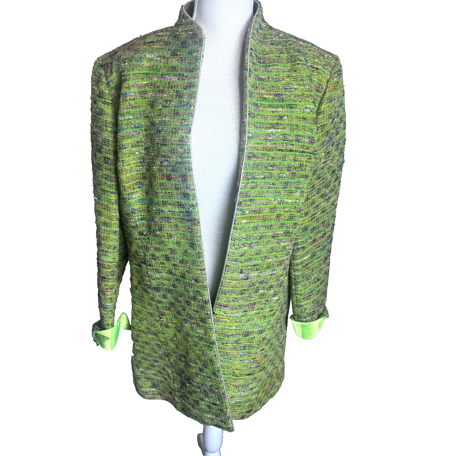 Vintage Nightlights Jacket Silk Blend Open Front Blazer metallic lime green 14