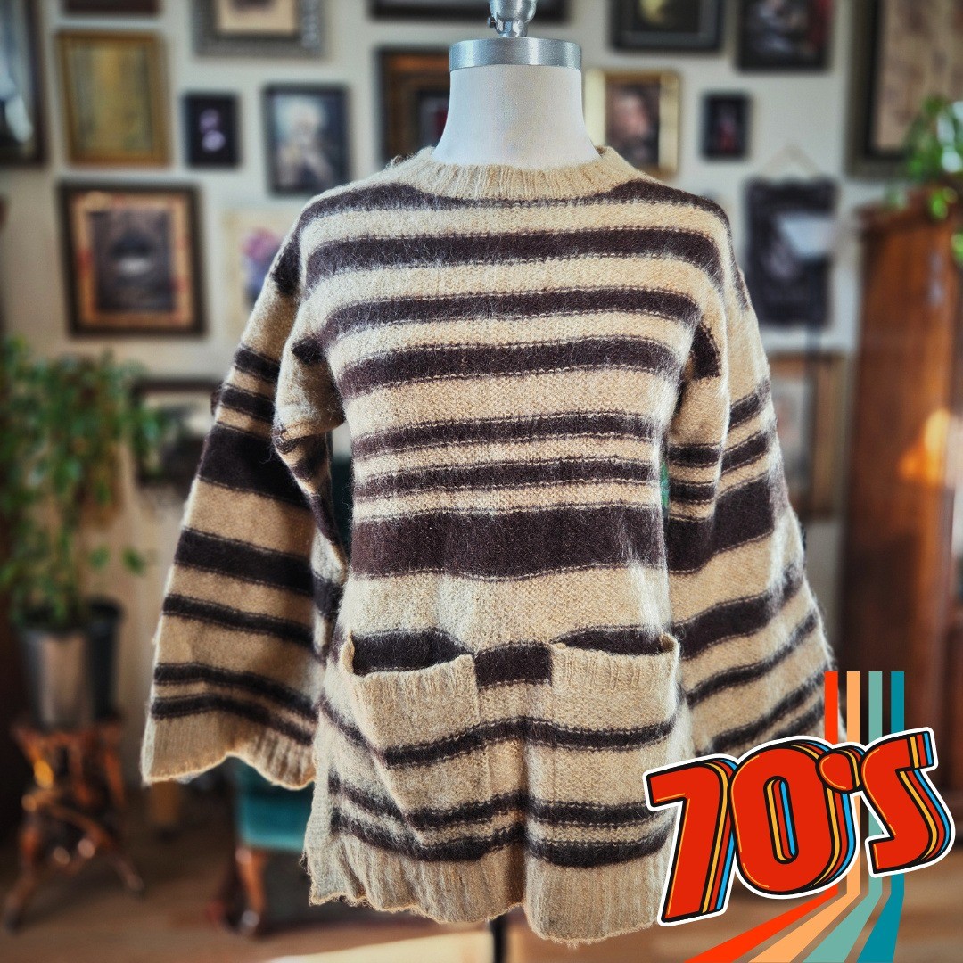 Stevens Creek Mohair Wool Sweater Vintage 70s L Striped Brown Beige Fuzzy Knit