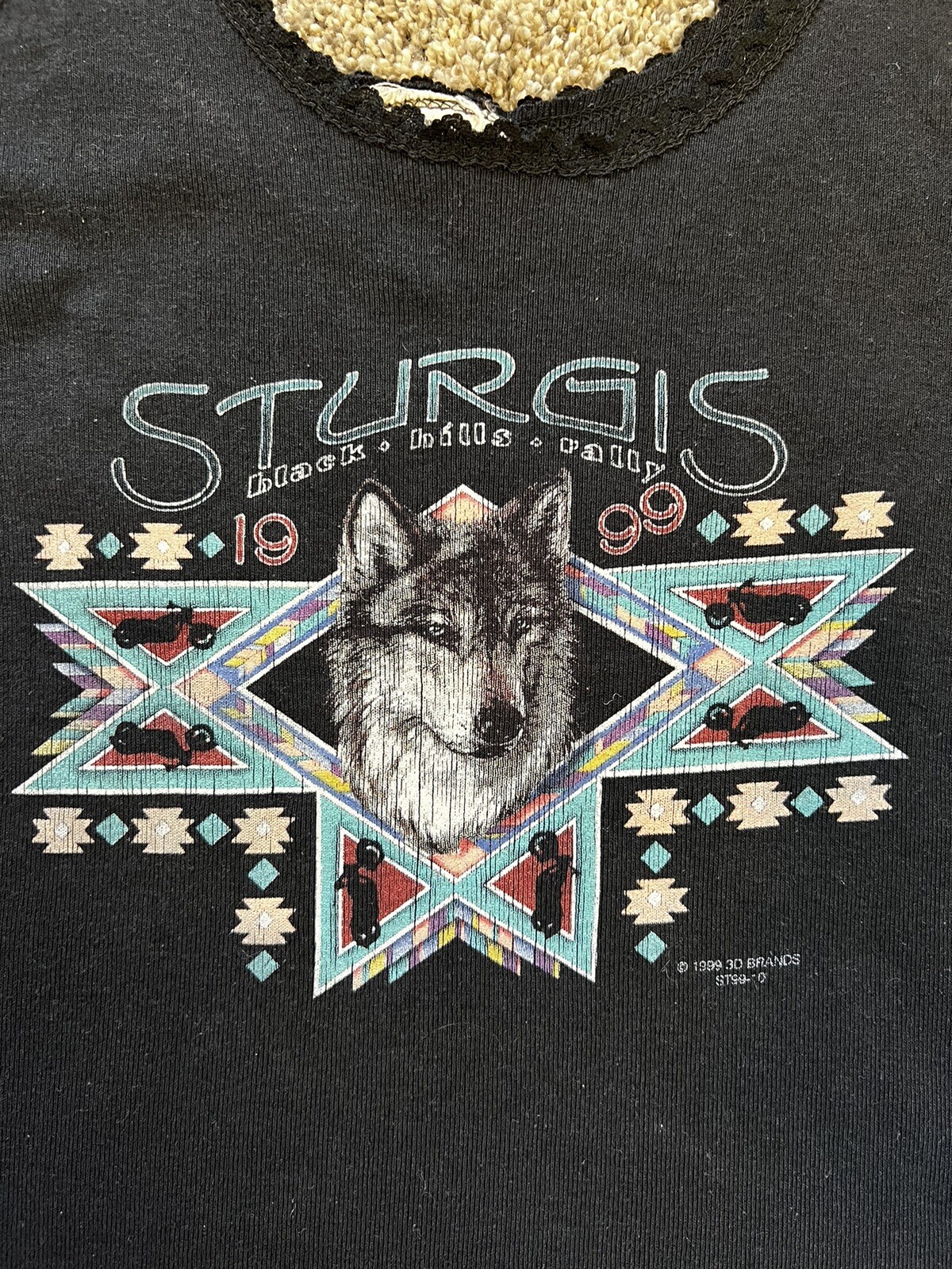 Vtg 90s 3D Emblem Sturgis Harley Biker Black Tank Top T-Shirt Women L Wolf Lace