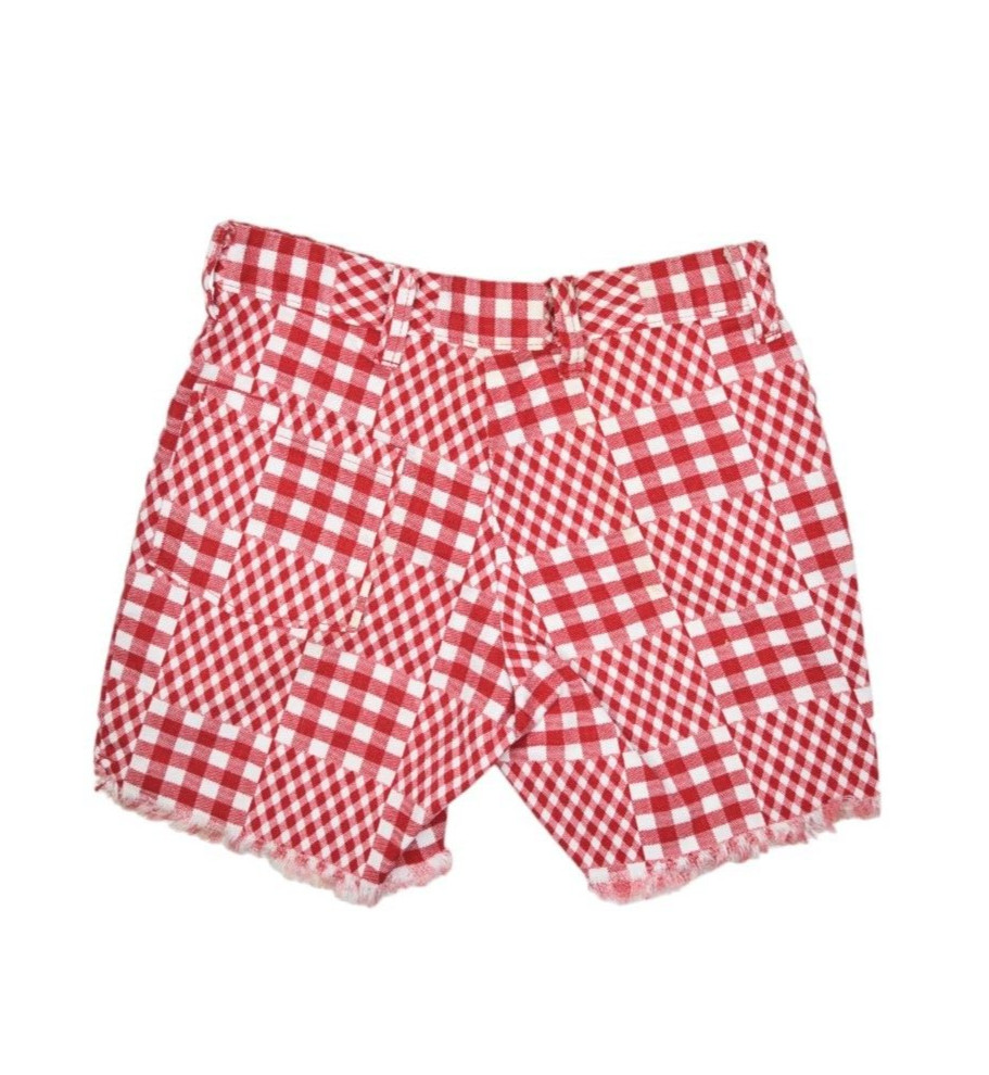Vintage Plaid Shorts Womens 24 Picnic Patchwork Red Cut Off Fringe Pinup 70s