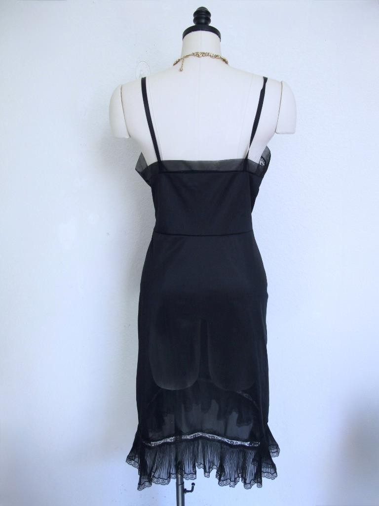 Vintage Youth Form Black Nylon Opaque Full Slip 36 Chiffon Crystal Pleats Ruffle