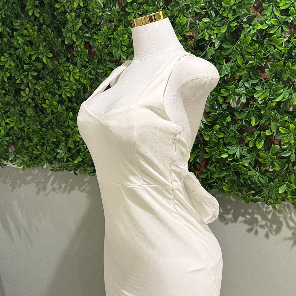 NWT- Romantic Glow White Backless Pearl Bow Maxi Dress