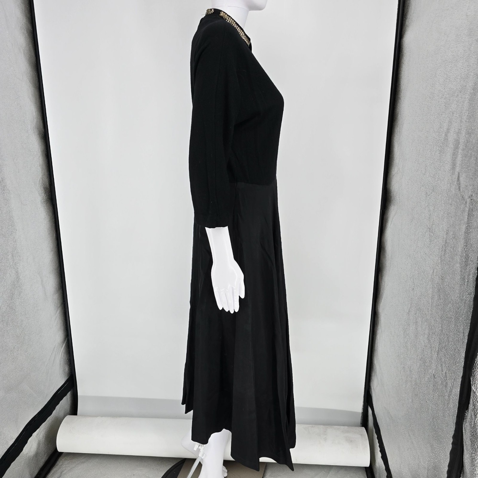 Vintage 1960s Black Rhinestone Collar Knit Bodice Full Skirt Midi Dress (M)
