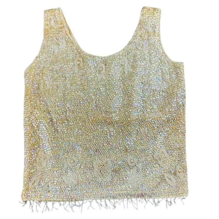 Vintage Hand Full Fashioned Top Women S Beige Beaded Floral Virgin Wool HongKong