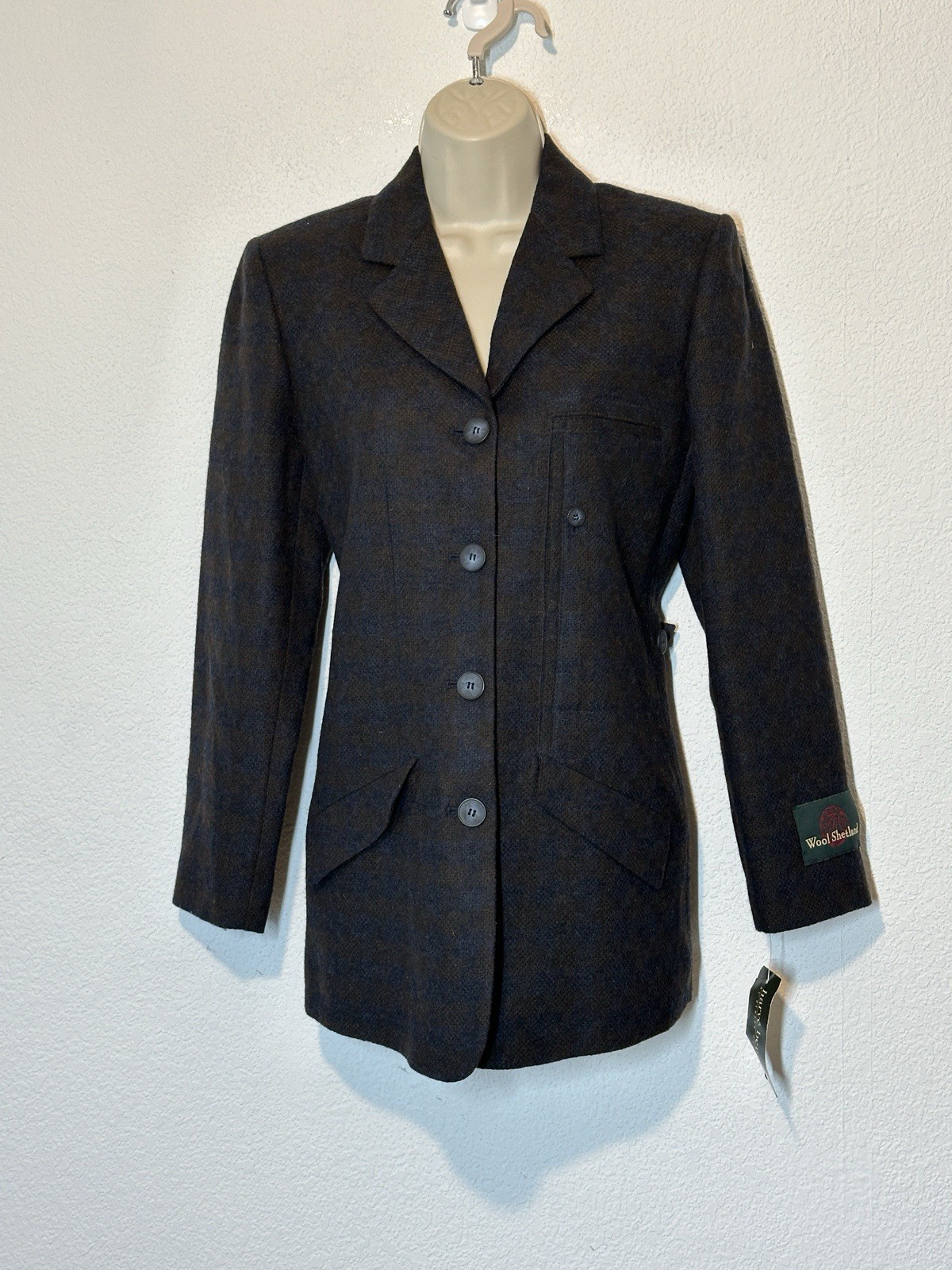 Vtg 90s New Harve Bernard Wool Blazer Jacket Brown Blue Houndstooth Minimalist 6