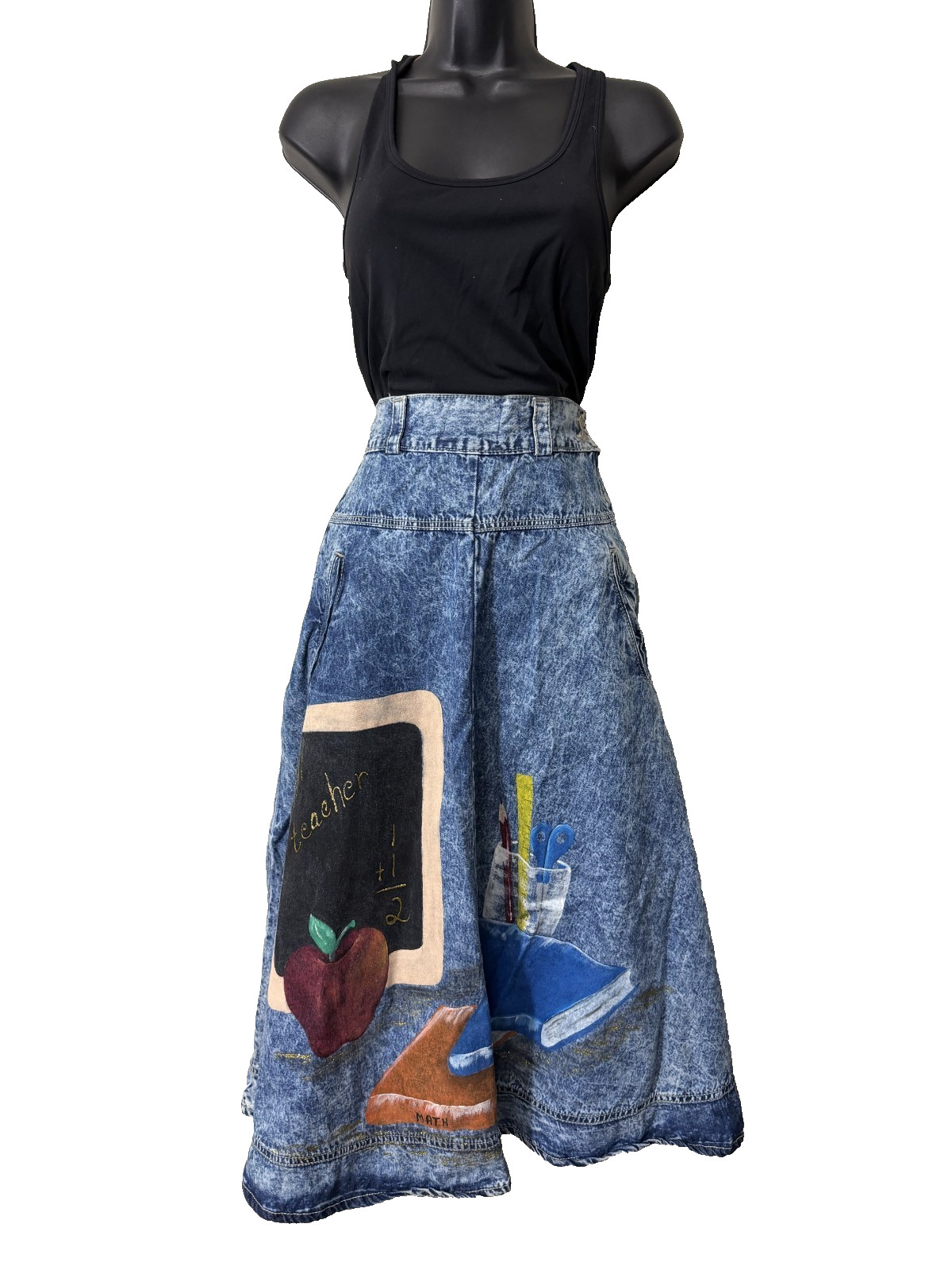 Vintage Gitano Acid Wash Denim Hand Painted Midi Skirt HIgh Waist Teacher S 5/6