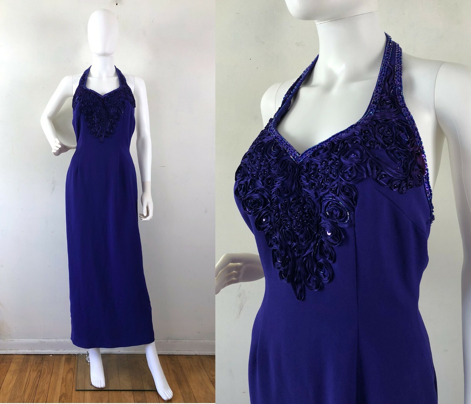 Vintage Dress Purple Halter Gown Size 6 Small Beaded Evening Ankle Length 1980s