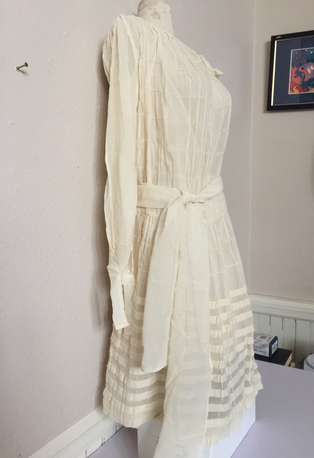 ART DECO 1920’s ANTIQUE CREAM FRENCH COTTON LIGHT SHEER FLAPPER DRESS WEDDING