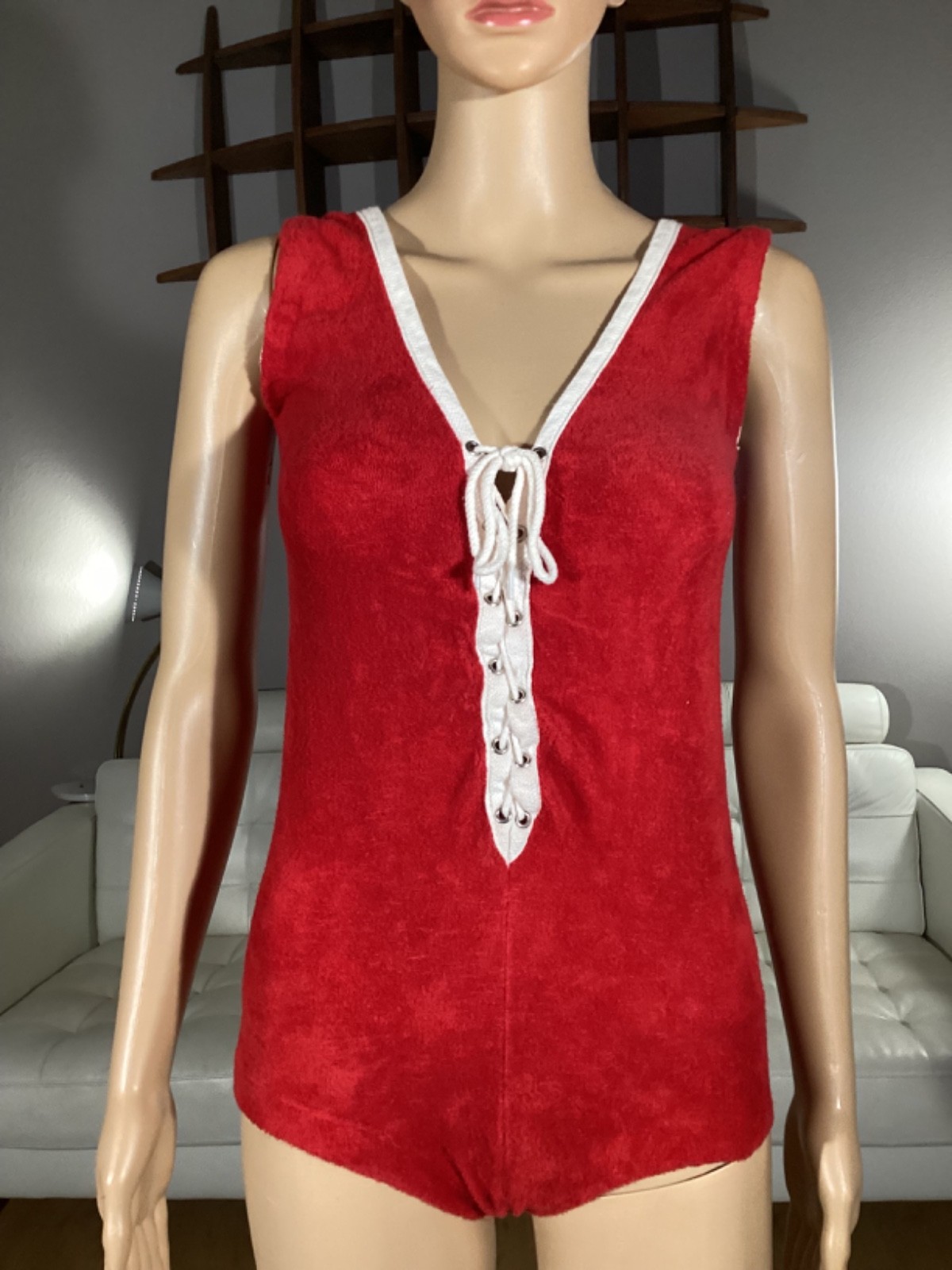 Vintage 70’s Lolli Jamas Red Terry Cloth Sleep Bodysuit Romper Playsuit Sz Small