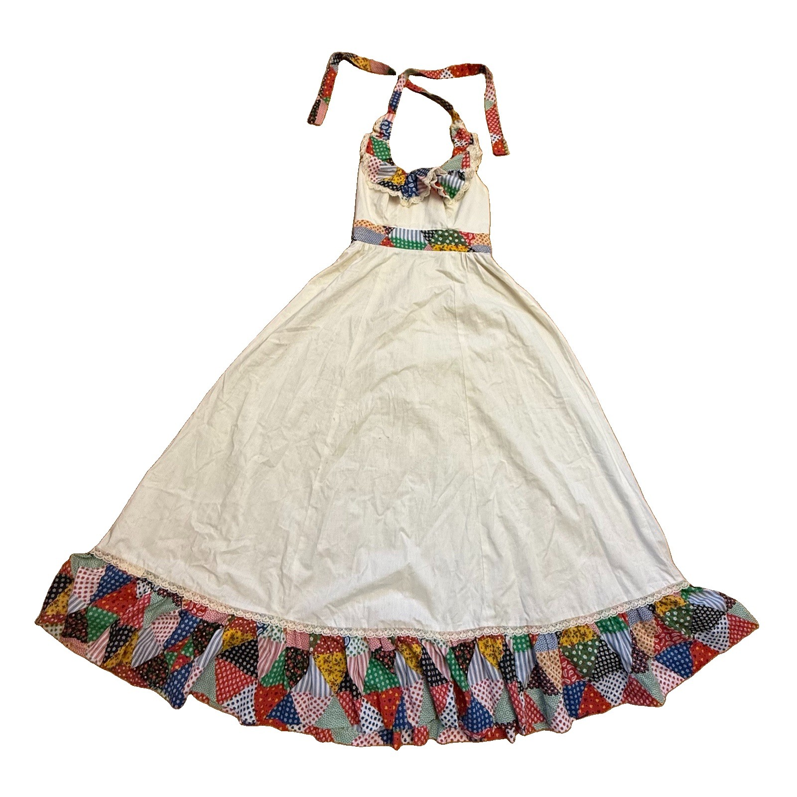 Vintage 70s Patchwork Prairie Halter Dress Size 9 XS Cottagecore Maxi Ruffle