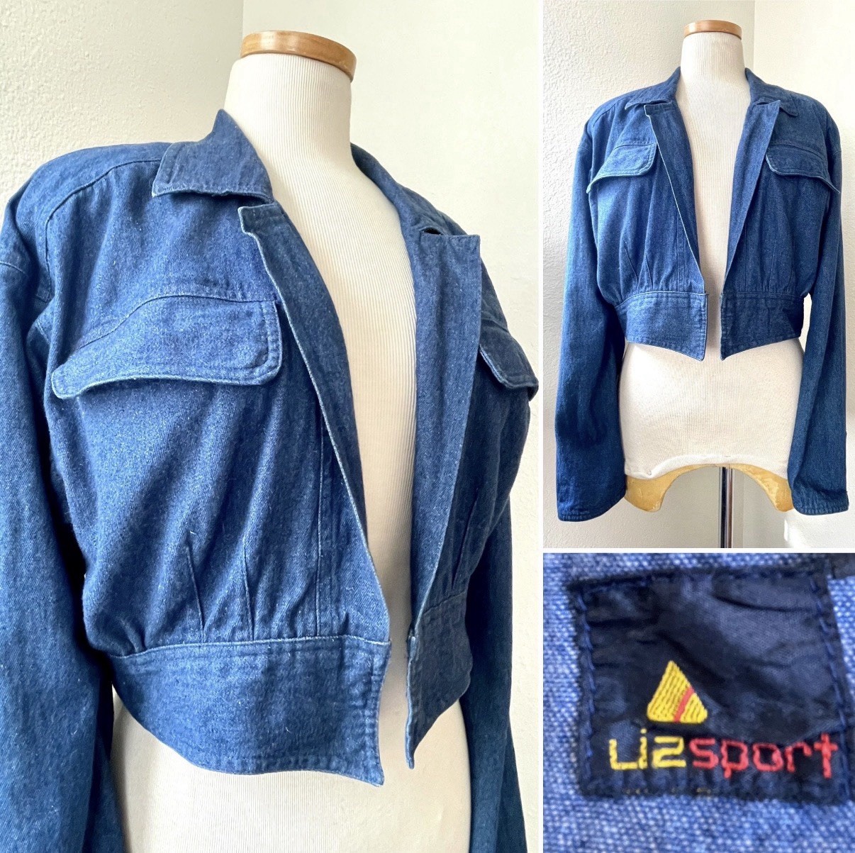 Vintage Liz Sport 80s Cropped Denim Bomber Jacket Raglan Sleeve WM SM EUC