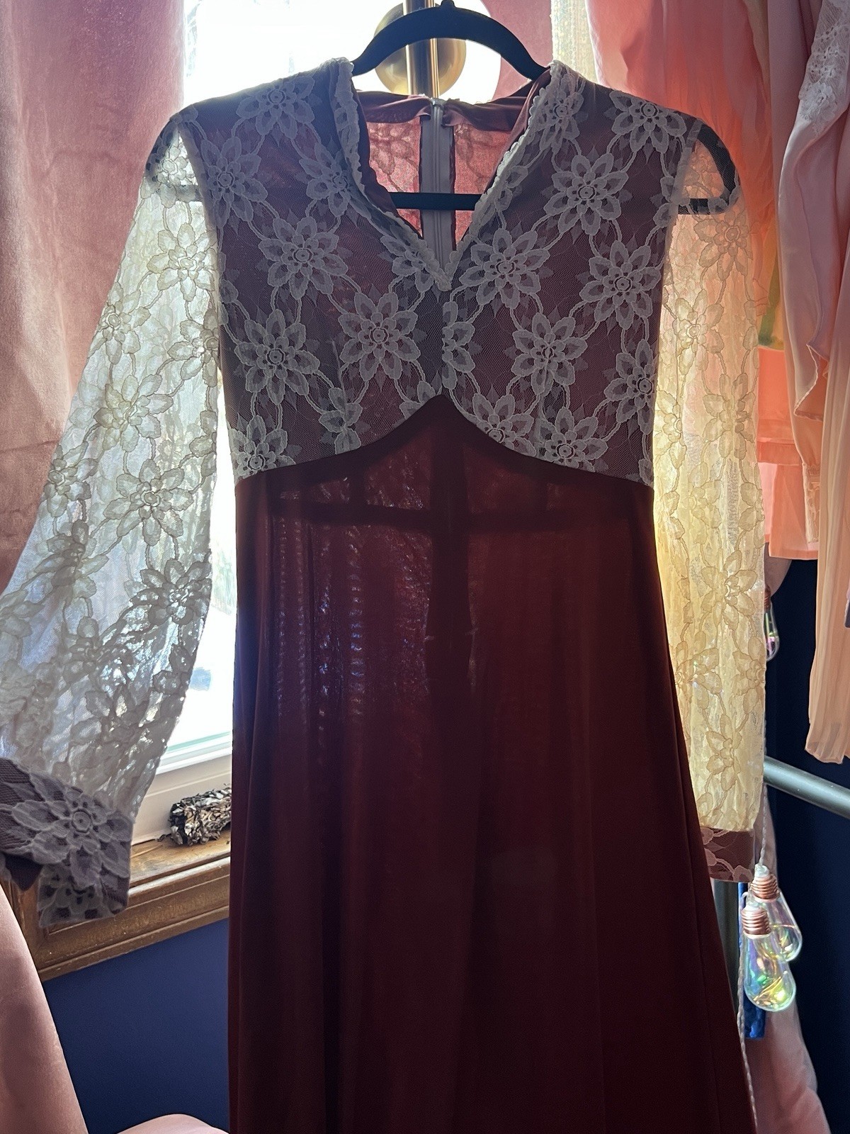 Handmade Vintage Dress 70s Cream Lace Rust Burgundy Gown Maxi Long Sleeve S/M