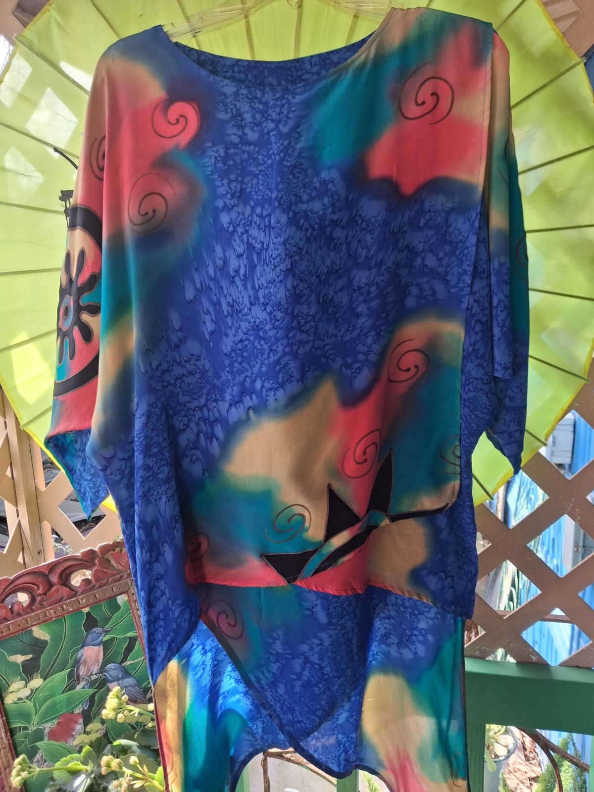 Vintage 70’s Hand Painted Silk ,multicolor L Tunic