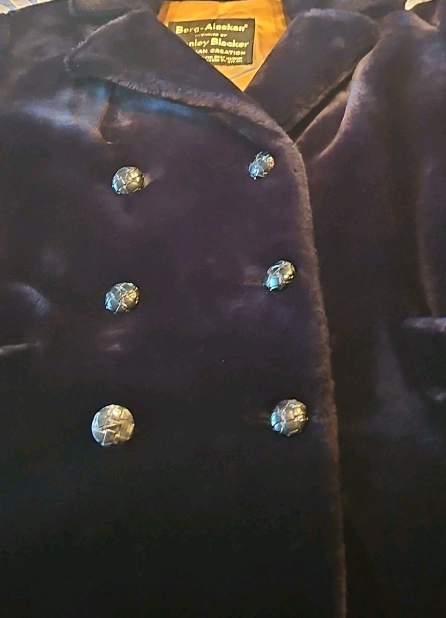 Borg-Alaskan Kashan Stanley Blacker Coat Black Faux Fur Double Breasted Lined