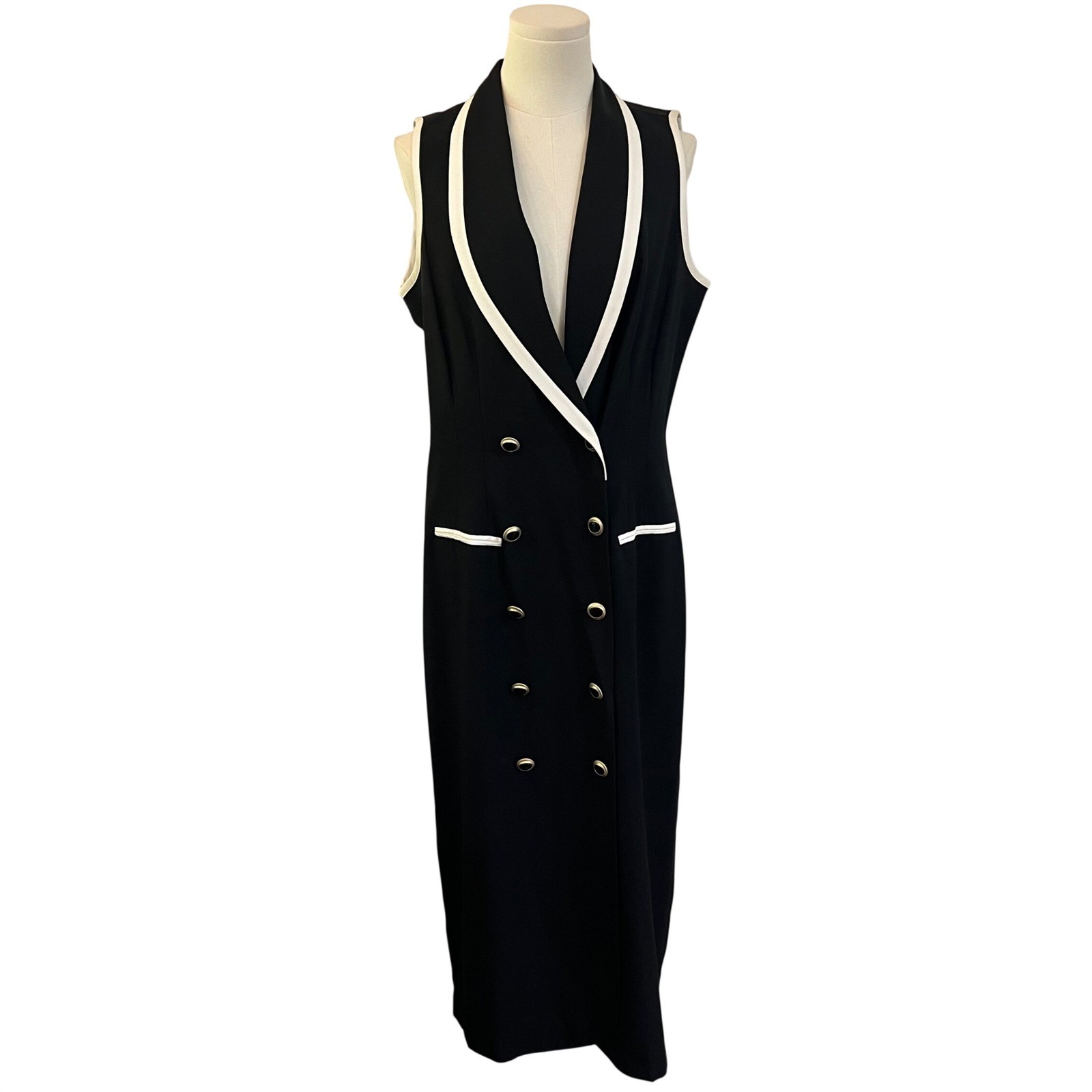 Vintage Danny & Nicole Black Rayon Tuxedo Maxi Dress Double Breasted Size 14