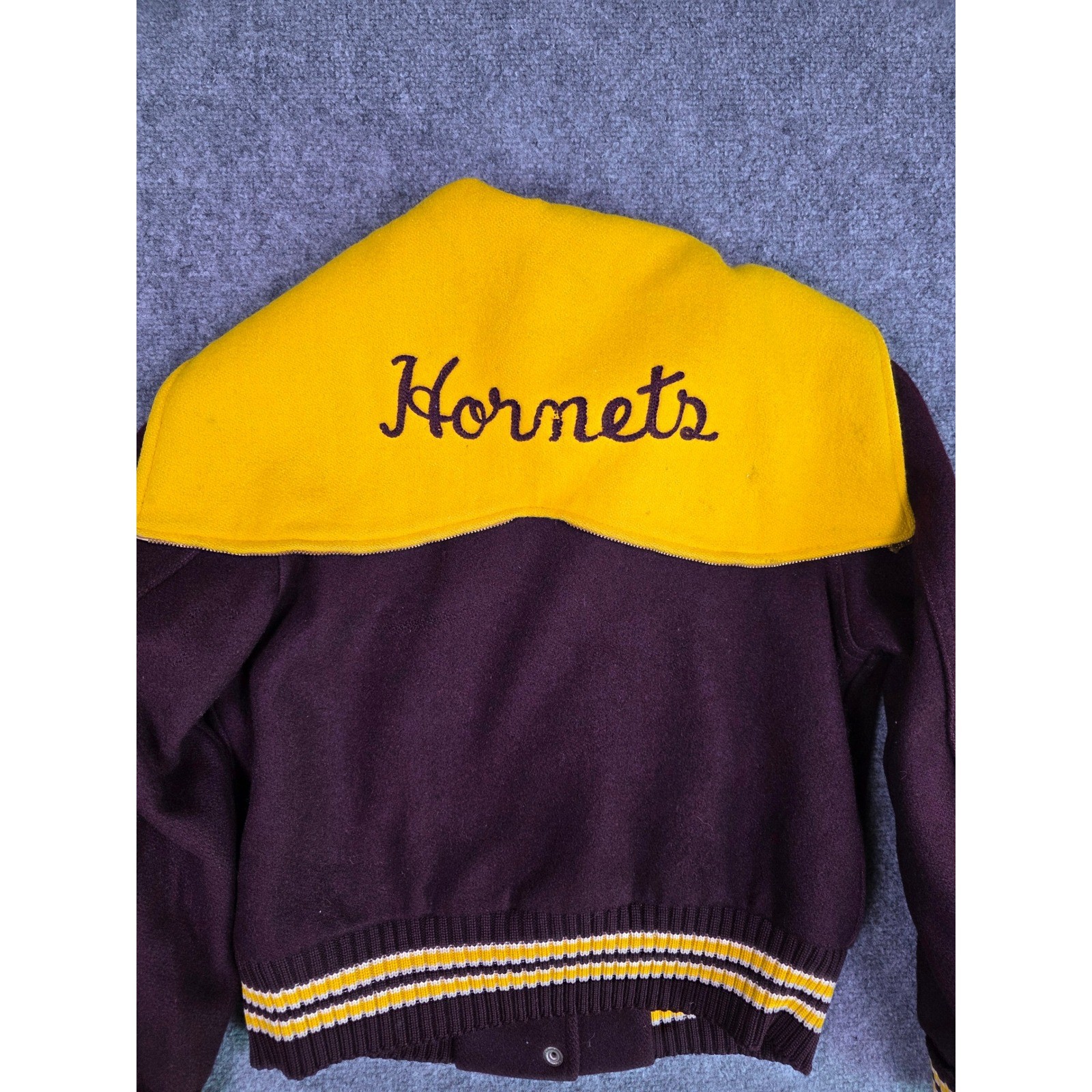 Vintage 80s Wool Cheerleader Letterman Varsity Jacket Maroon Gold Hooded Womens