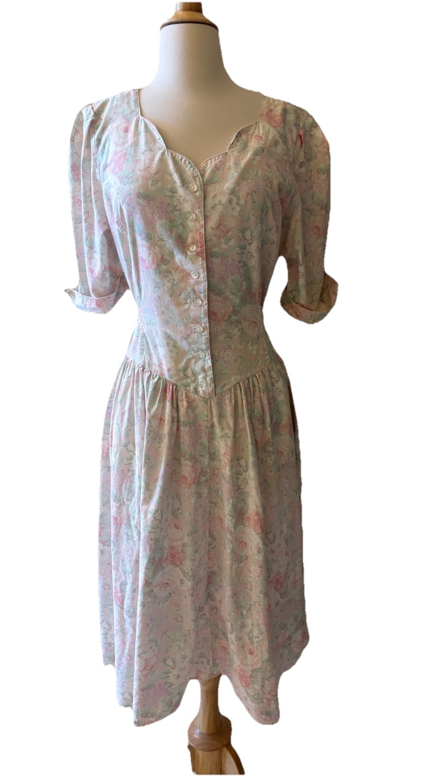 Vintage 80s Midi Dress Pastel Floral Cottagecore Garden Party Tea Dress Size M