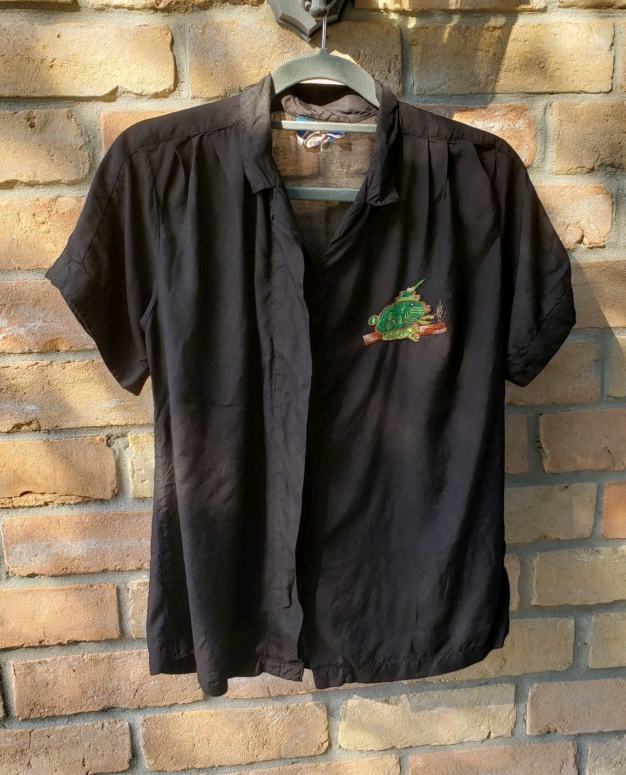 VTG 40s/50s Armel Black Button Front Top Shirt Sz M/L Rockabilly Embroidery Frog