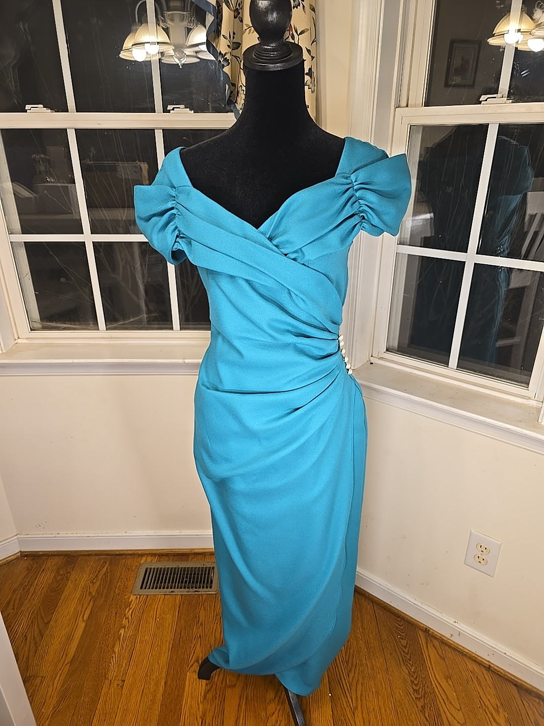 Vintage Off Shoulder Union Made Dress Slimming Ruching Pearl Detail Teal Size 7