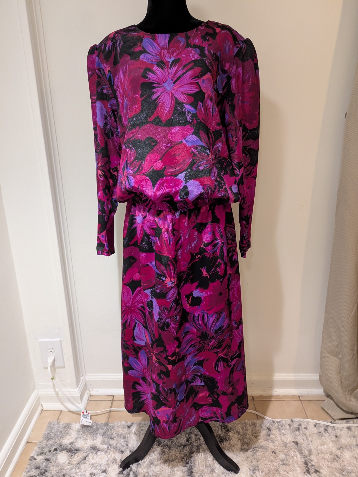 Vintage 1980s Luci Pellini Pink Purple Floral Blouson Dress Elastic Waist XXL