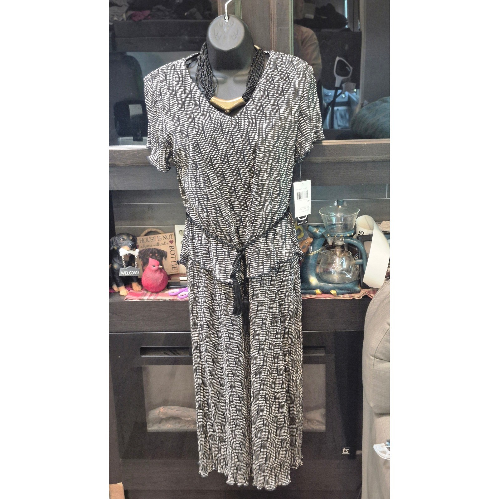 Studio Connection Vintage 80s Peplum Midi Dress Black White Dot Tassel boho 10P