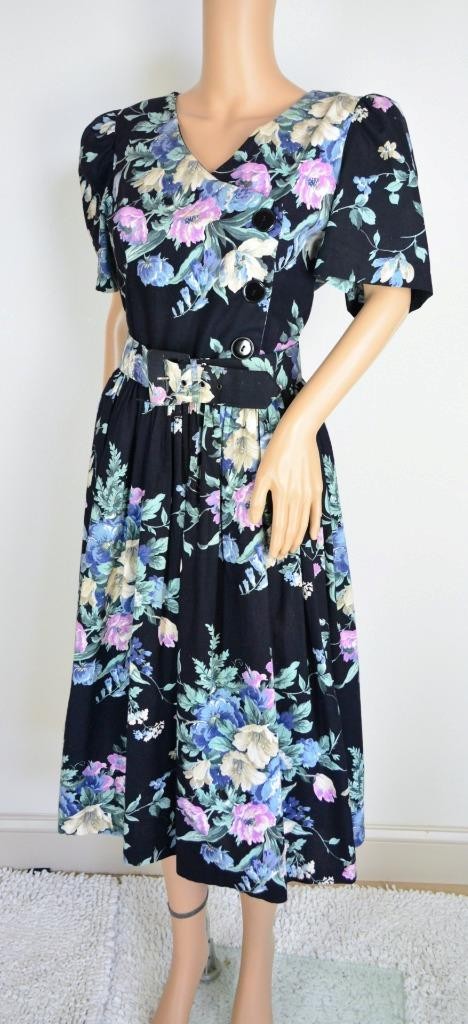 VTG 80s S.L. Fashions Blk Floral Revival Cottagecore Full Skirt Tea Party Dress