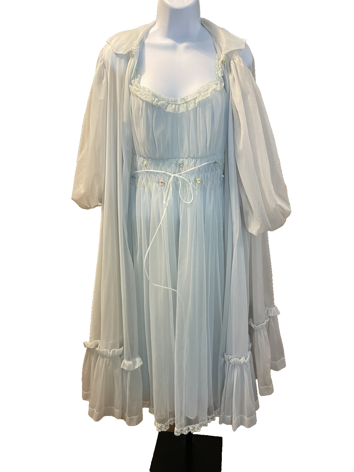 Vtg Gotham Gold Stripe Peignoir Set Blue Chiffon Smocked Small 1950s Radcliffe
