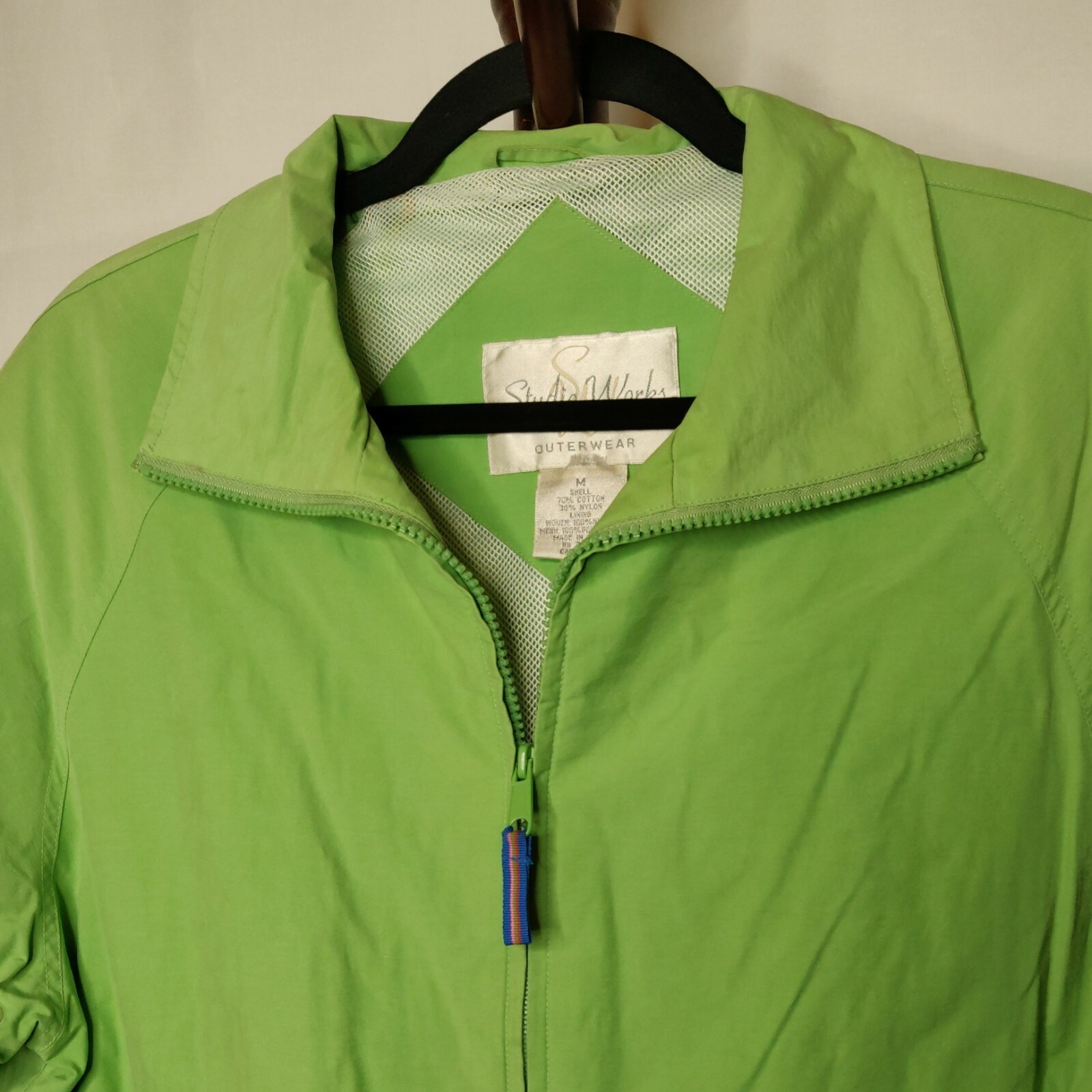 Studio Works Outerwear women’s M jacket green collar zip long sleeves 2 pockets