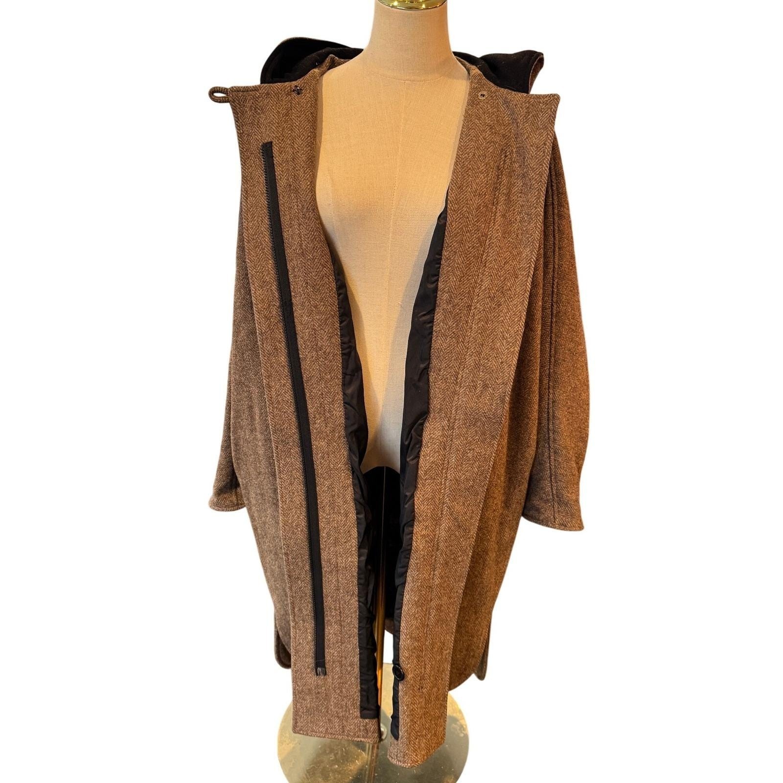 Central Park International Vintage Brown Herringbone Wool Blend Hooded Coat S